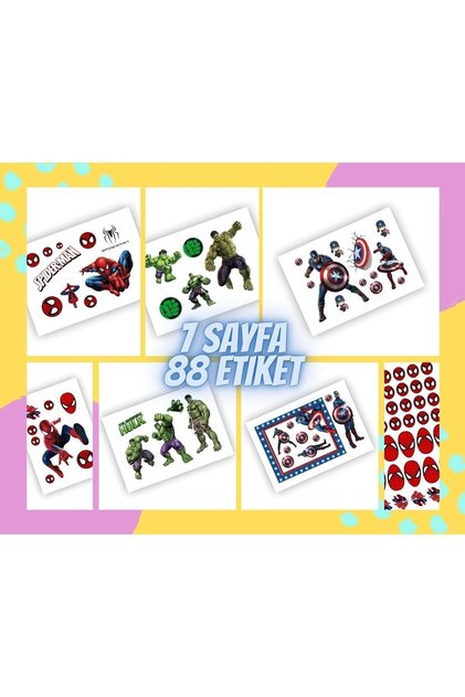 7 Sayfa 88 Adet Süper Kahraman Etiket Sticker Set Spiderman - Hulk - Captain America
