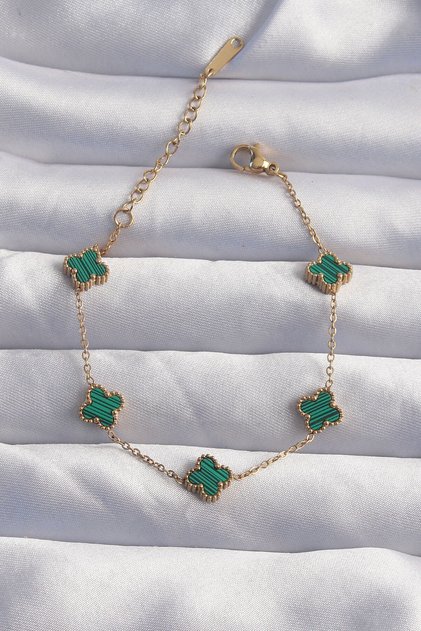316L Steel Baby Boy Gold Color Striped Green Enamel Clover Bracelet