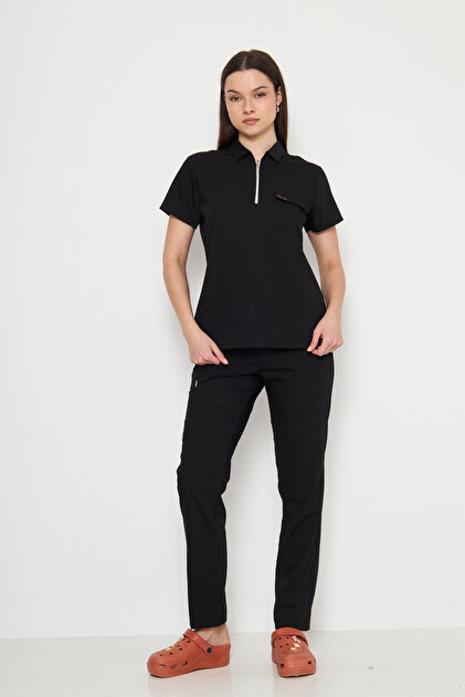 Polo Yaka Siyah Kadın Medikal Üniforma Scrubs