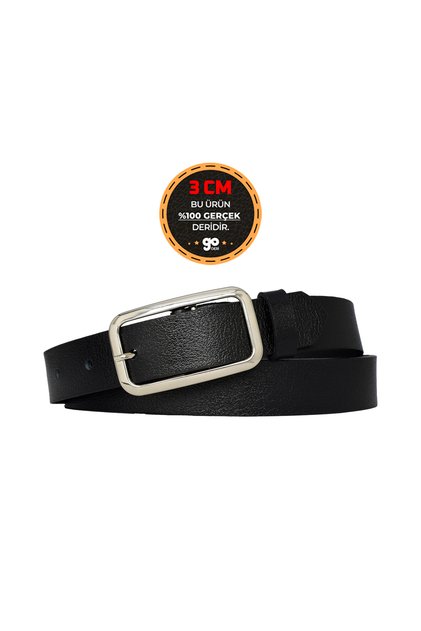 100% Genuine Leather, Silver Buckle Black 3 cm Women's Belt, Trouser Belt, Shorts Belt 3cmkdn50