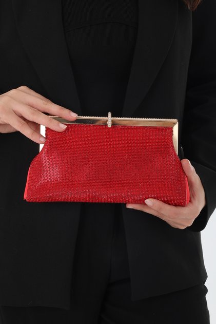 Hand and Shoulder Usable Evening Dress Bag with Glitter and Stone Clip Closure