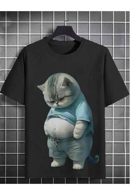 Unisex Tombul Üzgün Kedi Baskılı Kısa Kollu Tişört