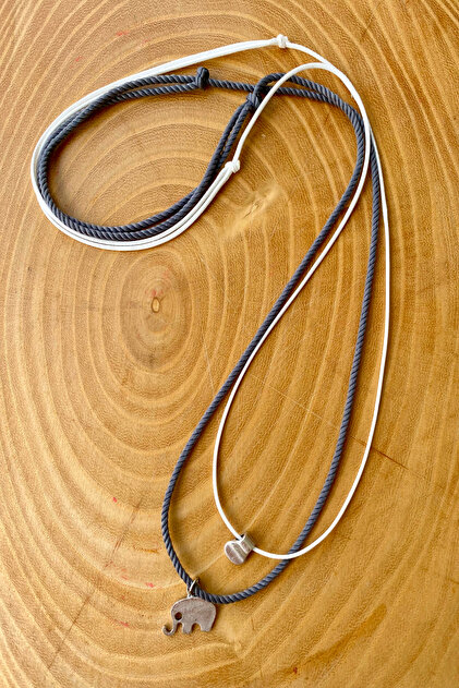 2'Li Silver Elephant Grey White Rope Slide Lock Knit Necklace
