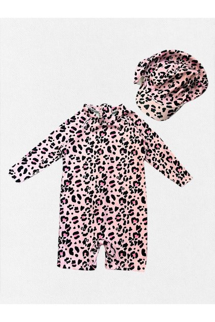 Girl's Pink Leopard Print Zipper Long Sleeve Tight Woven Quick Dry Bonnet Swimsuit