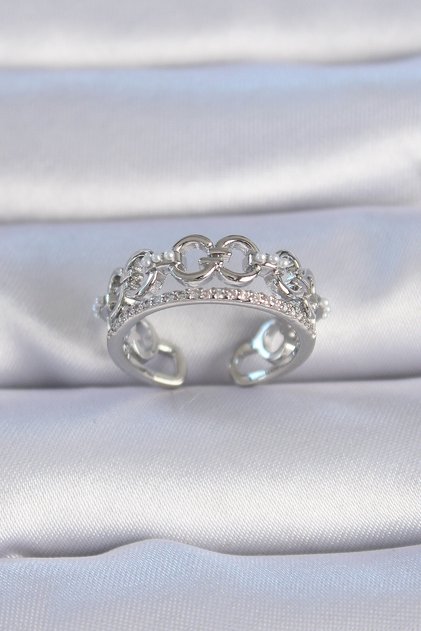 Brass Silver Color Zircon Stone Pearl Detail Women's Ring