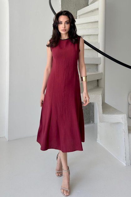 Burgundy Crew Neck Midi Sleeveless Midi Dress