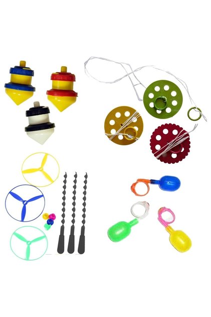 Nostalji Eğitici Oyuncaklar - 3'er Adet Ufo Fırıldak, Plastik Topaç, Ufo Fırfır, Su Yüzüğü Nostalji