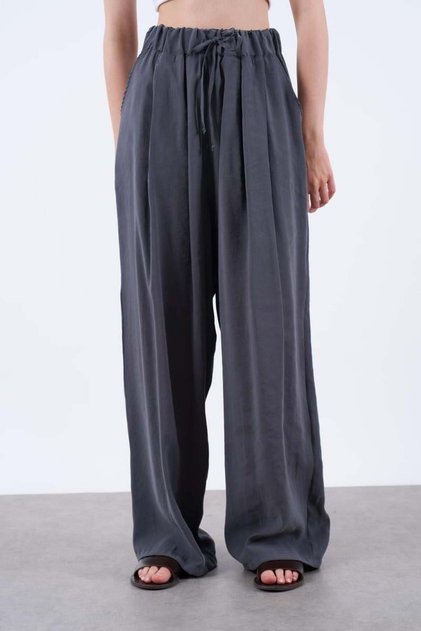 Women's Anthracite Premium Soft Textured Modal Drawstring Waist Elastic Trousers Njprtenspant5
