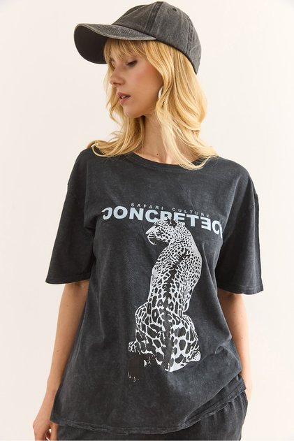 Women's Anthracite Leopard Printed Washable T-Shirt Tsh-19000898