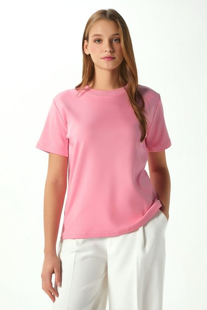 Women's Rise Decorative Collar Tok Texture 100% Cotton Pink T-Shirt