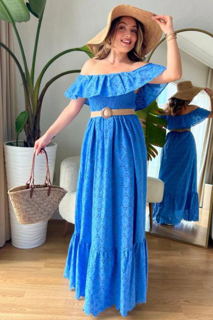Women's Blue Madonna Collar Scalloped Lined Dress