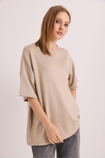 Oversize Soft Textured Casual T-Shirt Mink