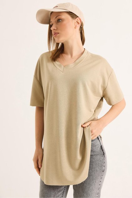 V-Neck Back Long Basic Tshirt Mink