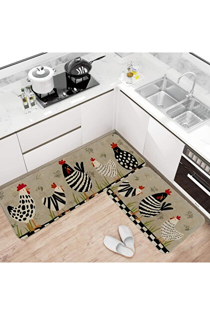 Alya Koleksiyonu Tavuk Desenli 2'li Modern Dekoratif Halı Takımı (60x90, 60x150) alya90