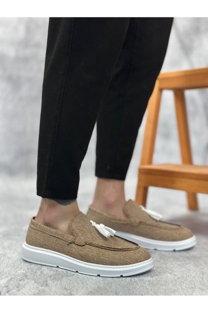 Laceless Linen Tasseled Men's Shoes Mustard (White Sole)