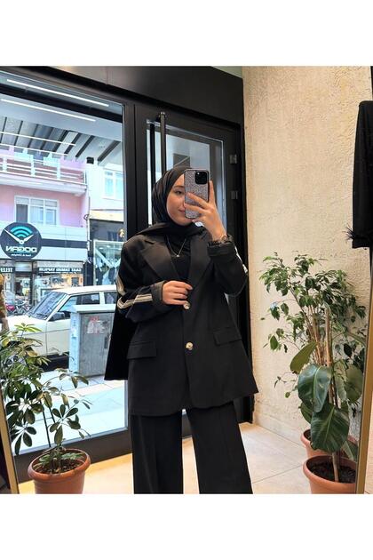 SİYAH KOL ŞERİT DETAYLI OVERSIZE BLAZER CEKET