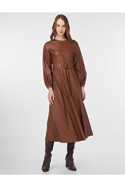Kayra Faux Leather Dress with Belt Detail Taba- Trendyol