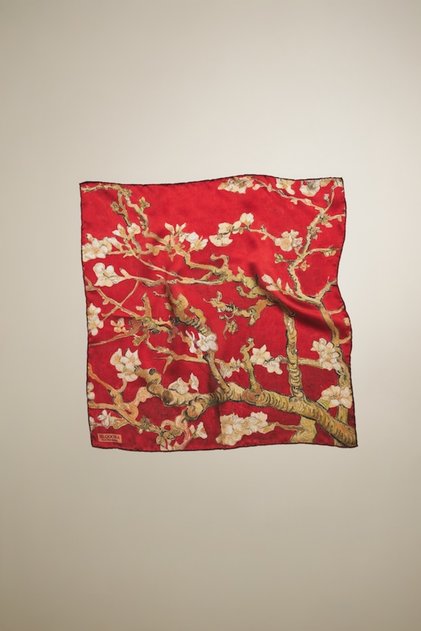 100% Silk Bandana Scarf(55X55 cm)-Vincent Van Gogh (Almond Tree Red)