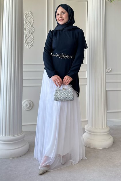 Navy Blue Dress with Stone Detail and Tulle Skirt