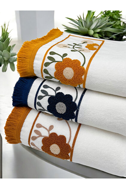 AYHANHOME Punch Nakışlı Saçaklı 3 Adet 50x90 El Yüz Havlu Seti