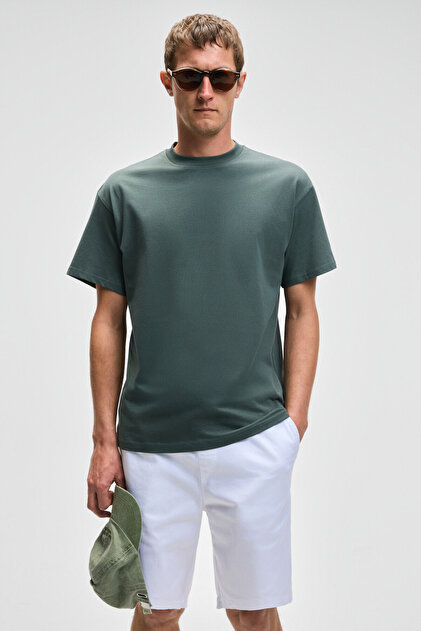 Feon Men's Oversize Wide Cut 100% Organic Cotton Thick Textured Round Neck Dark Green T-Shirt