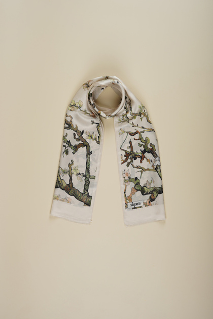 100% Silk Shawl Foulard (27X135 cm)-Vincent Van Gogh (Almond Tree White)