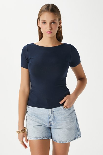 Women's Velvet Boat Neck Lux Touch Soft Texture Short Sleeve Navy Blue Blouse