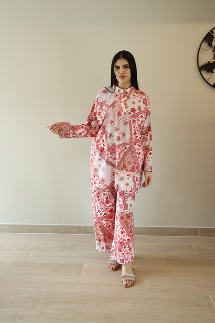 Ladies Co-ord Pant Set- Red and White Printed Pant and Shirt with Long Sleeves