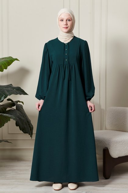 Balloon Sleeve Front Buttoned Robe Gathered Hijab Clothing Mother's Dress Prayer Dress Special Occasion Dress