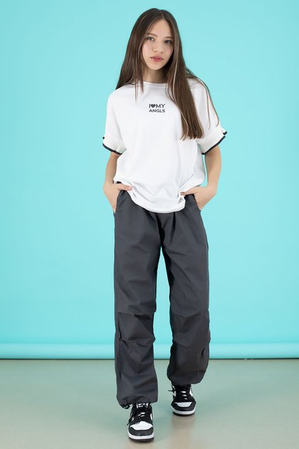 Smoked Written Oversize T-Shirt with Parachute Pants Girl's Suit 20294