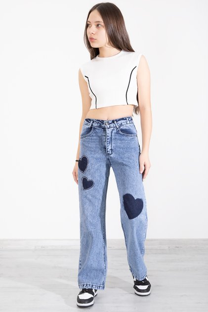Blue Elastic Waist Wide Leg Heart Patterned Girls' Jeans Pants 20406