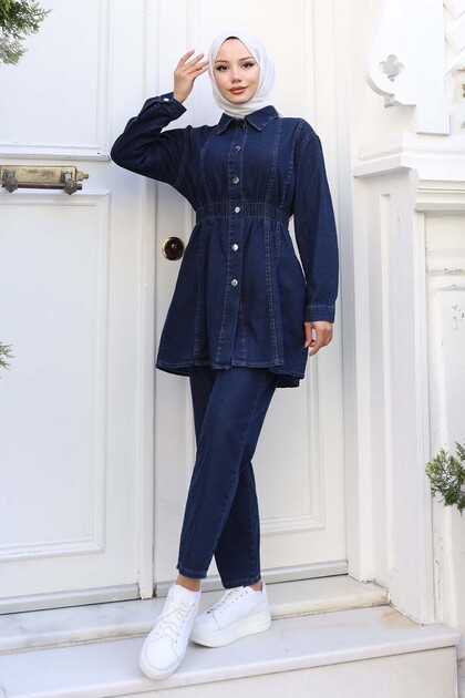 Shirred Waist Denim Suit Navy Blue 4079