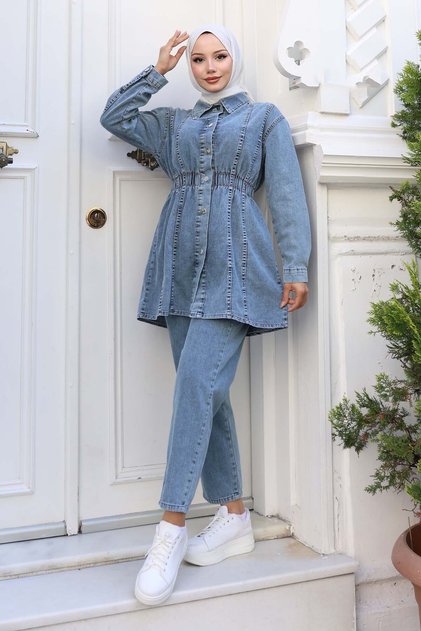 Shirred Waist Denim Suit Blue 4079