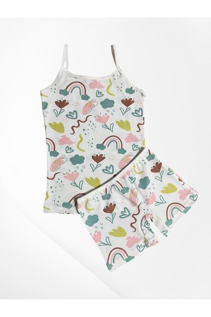 Girl's 100% Cotton Rainbow Flowers Patterned White Thin Strap Tank Top Boxer Set
