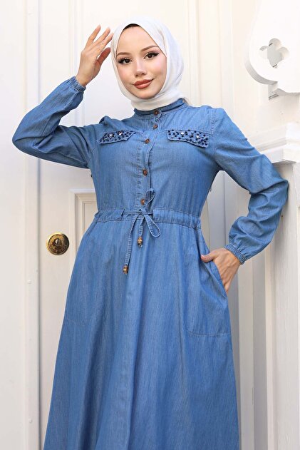 benguen Denim Dress with Stone Detailed Pockets Navy Blue 6768- Trendyol