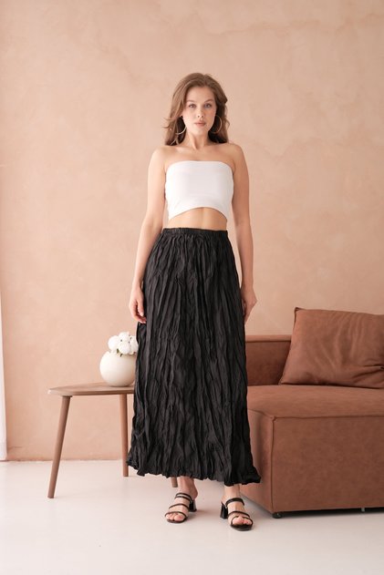 Kadın Crash Kumaş Büzgülü Uzun Etek Slim Fit Günlük Trend Yazlık Etek
