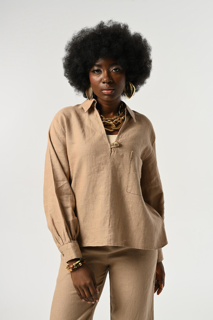 Women's Caramel Color Linen V-Neck Button Detail Shirt
