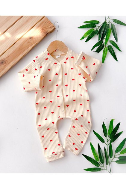 Baby Cream Heart 3-6-9 Months Cotton Cuffless Jumpsuit Newborn Hospital Release Baby Clothes Yk5886