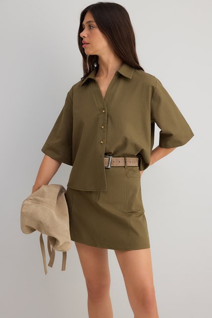 Haki İnce Gabardin Boxy Pamuklu  Gömlek TWOSS25GO00159