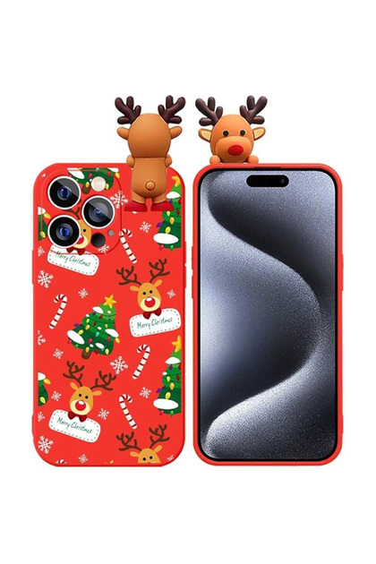 Carcasă cu brad de Crăciun și ren, figurină 3D cu ren, pentru iPhone 15 Pro, design de Crăciun, roșu