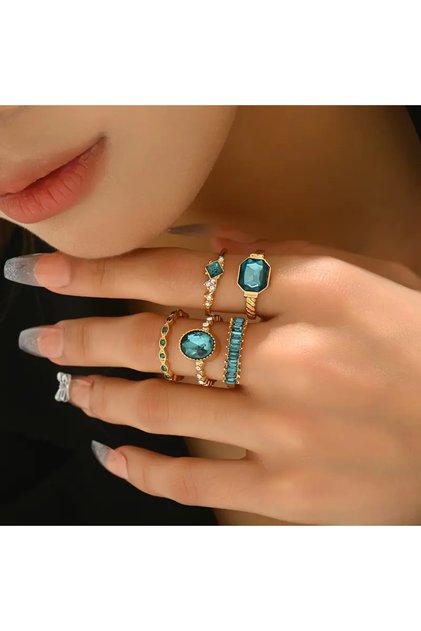 Vien - Gold Gold Colored Crystal Green Turquoise Stone Stylish Modern Bohemian 5 Piece 5 Piece Ring Set