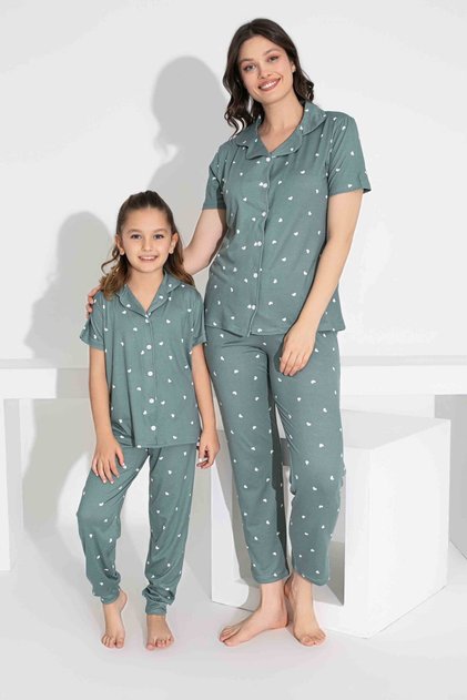Mother Daughter Combination Short Sleeve Shirt Long Bottom Milan Fabric Medium Thick Pajamas Set-2909