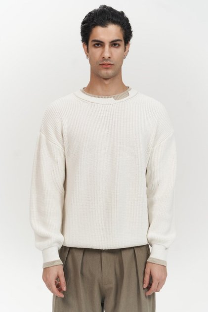 Carter Double Collar Detailed Ecru Men's Knitwear Sweater