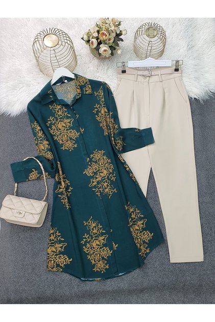 Buttoned Patterned Viscose Tunic - Emerald