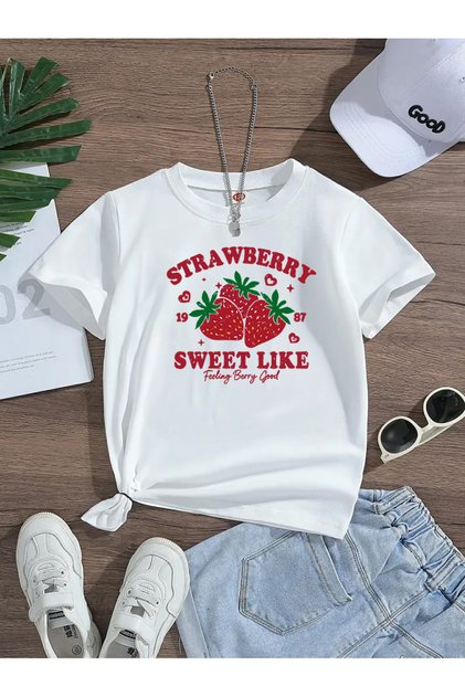 Strawberry Strawberry Printed Premium Tshirt with Crew Neck for Girls