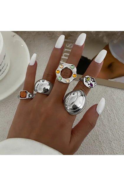 Zenya- Set of 5 Blue Orange Stone Stylish Design Vintage Multiple Silver Silver Bohemian Ring Set