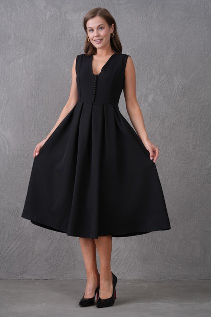 Double Fabric Button Detailed Pleated Flared Cut V-Neck Midi Length Black Evening Dress 2182