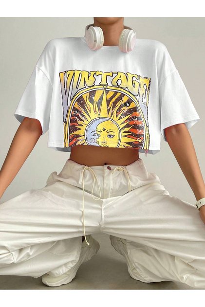Crop Printed Oversize Loose T-Shirt