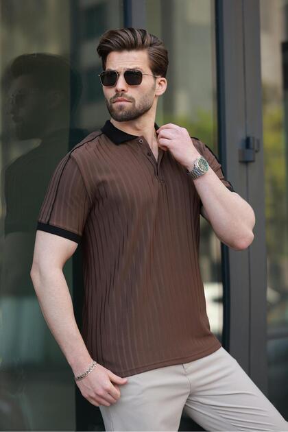 Madmext Kahverengi Desenli Polo Yaka Triko Erkek Tişört E7155