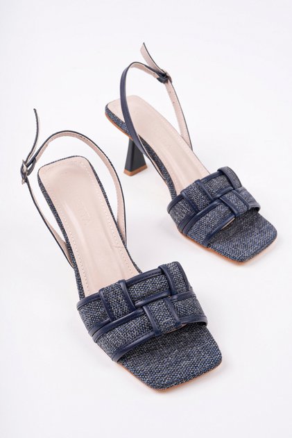 Lusia Model Navy Blue Linen Women's Thin Heeled Daily Outdoor Shoes
